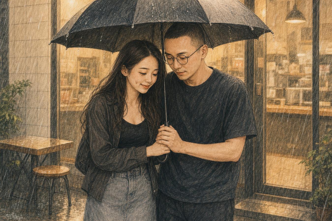 插畫：兩人共撐一把傘
