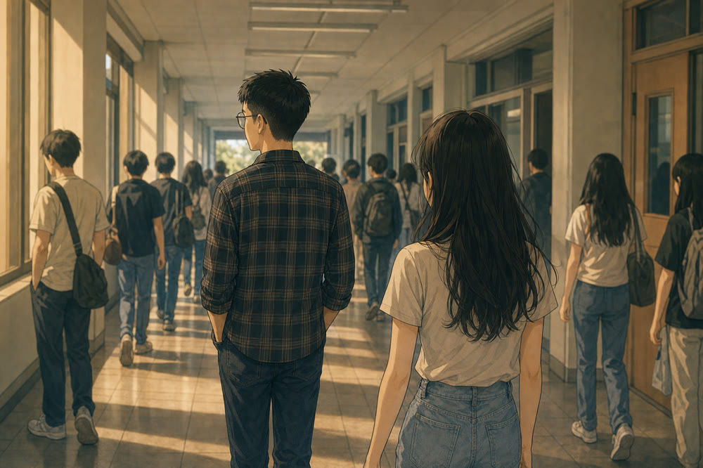 畫面：走廊上一前一後的兩個人