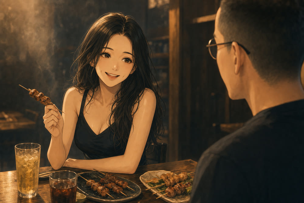 畫面：串燒店裡，她拿著串燒笑著