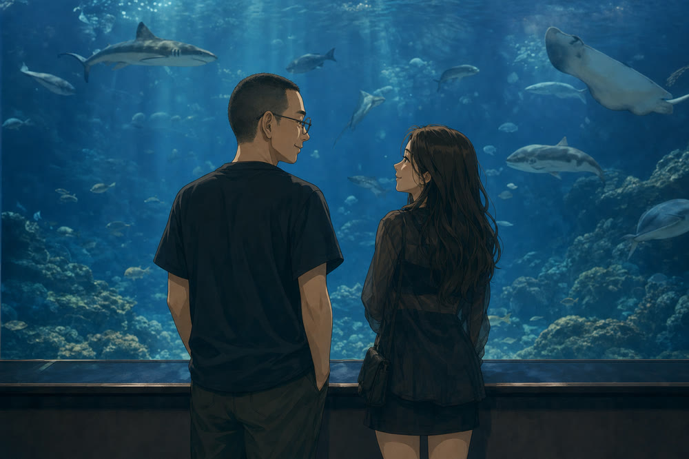 畫面：水族館藍色水缸前的兩個人