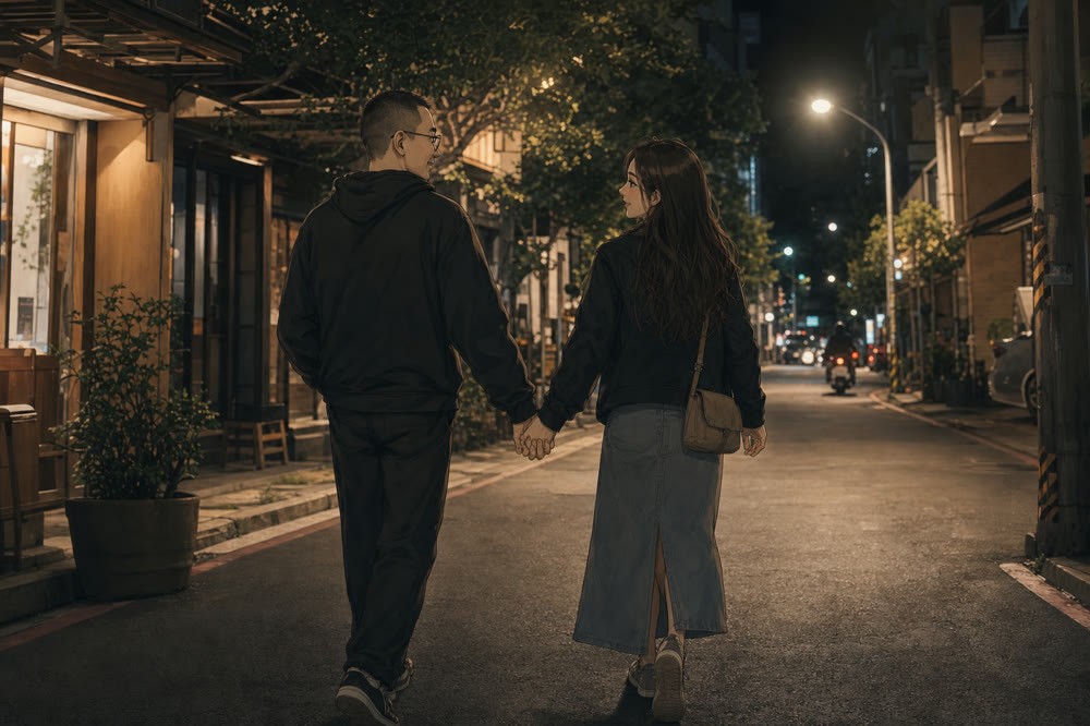 畫面：夜裡牽著手走回家