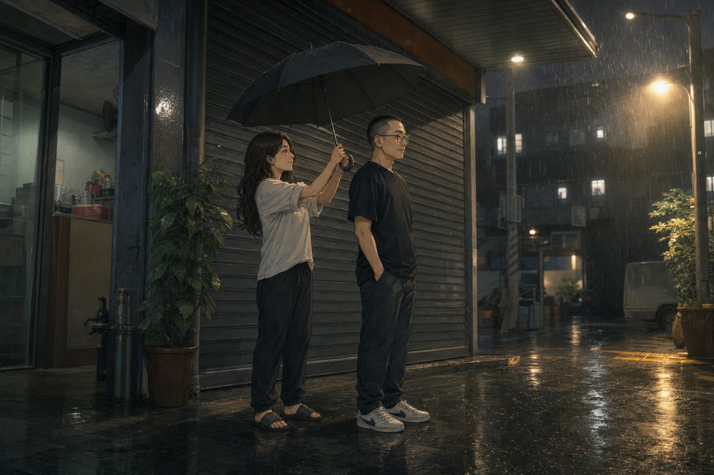 畫面：雨夜，她替他撐傘